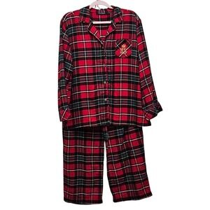 LAUREN Ralph Lauren Plaid Pajama Set Womens L Red Crown Logo Flannel Sleepwear